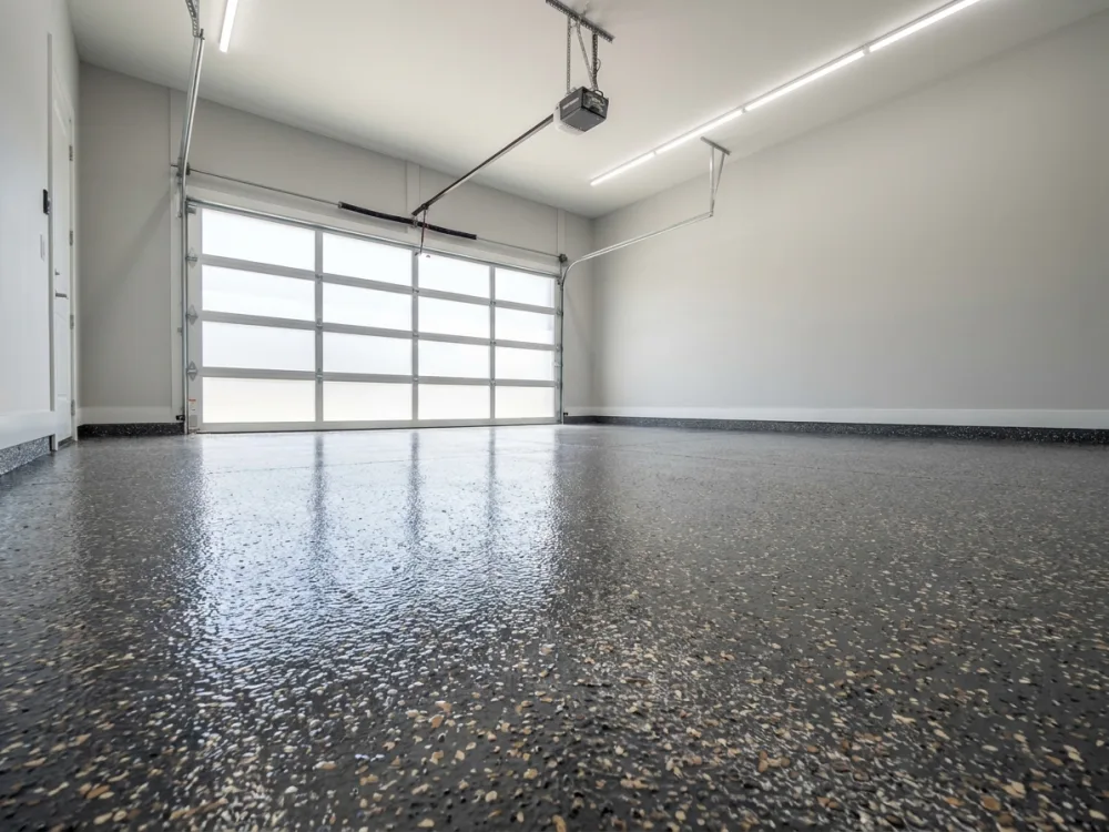 Garage floor coating with a flake finish in an Elgin garage